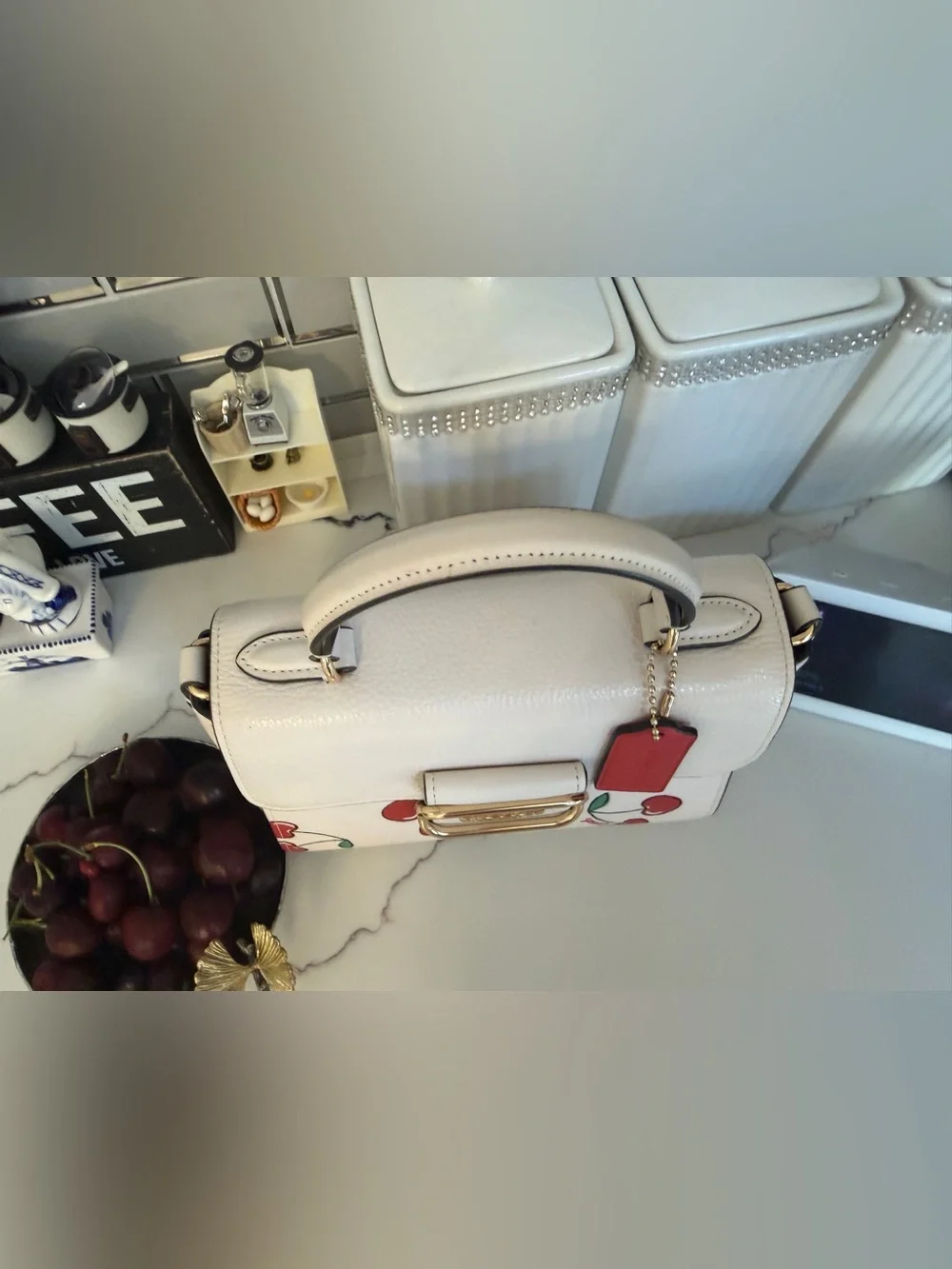 Coach White Leather Top Handle Bag with Cherry Print